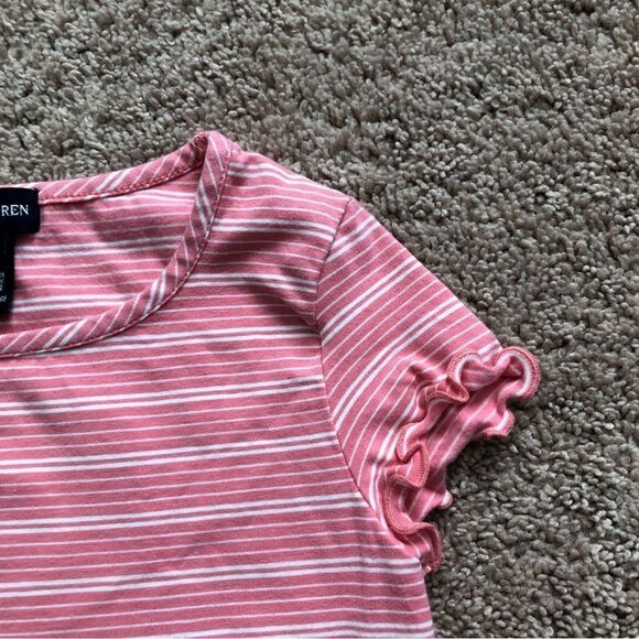 Ralph Lauren T-Shirt Girls Small Pink Stripe Lettuce Edge Cotton - Picture 2 of 6